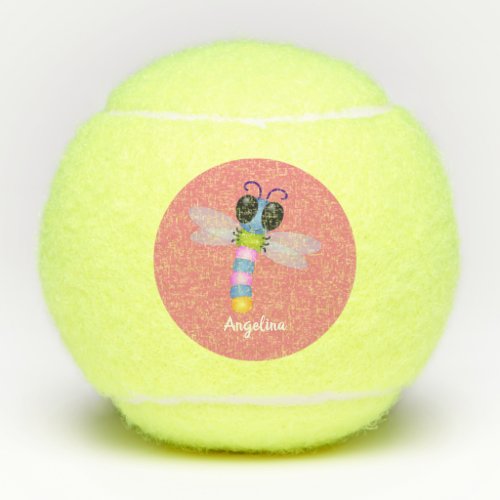 Cute blue and pink dragonfly cartoon illustration tennis balls