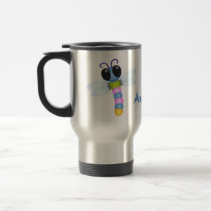 Cute blue and pink dragonfly cartoon illustration travel mug