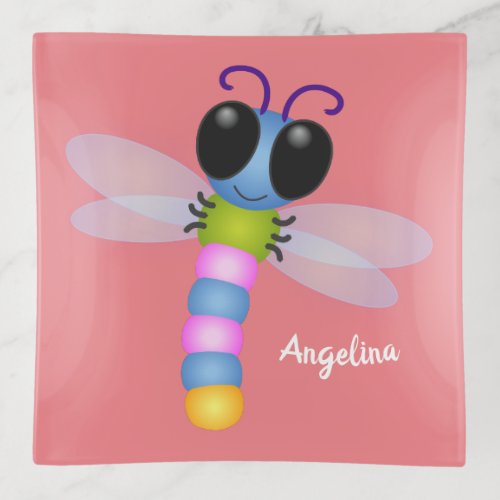 Cute blue and pink dragonfly cartoon illustration trinket tray
