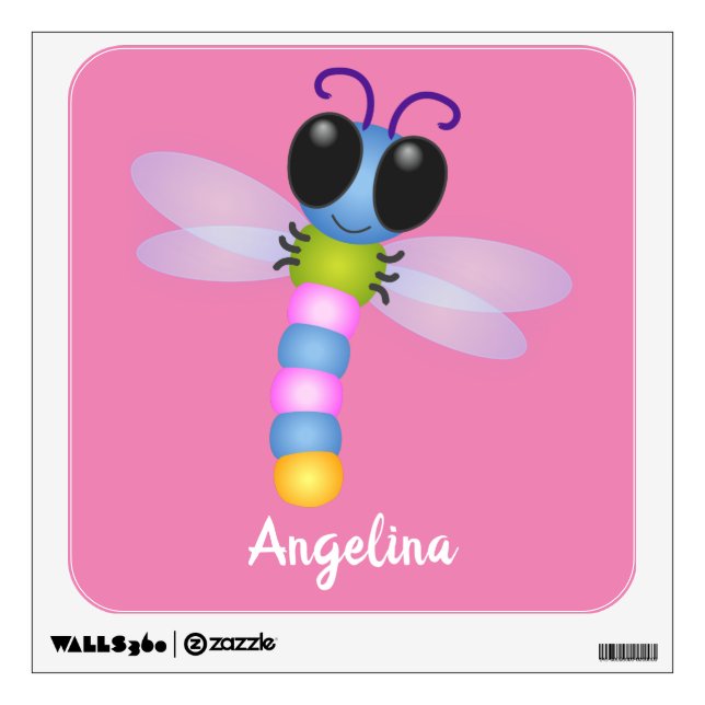 Cute blue and pink dragonfly cartoon illustration wall decal (Front)