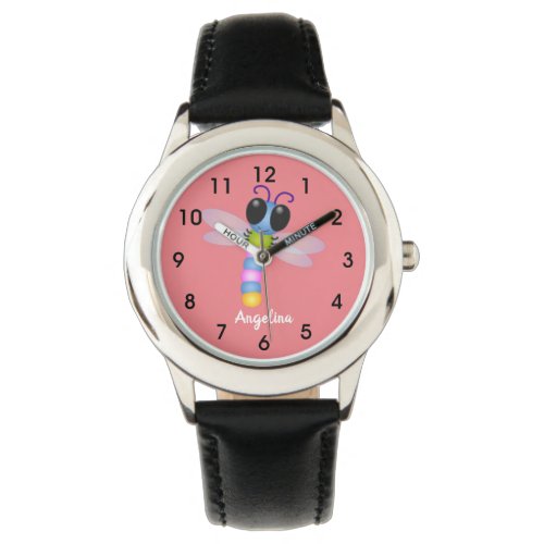 Cute blue and pink dragonfly cartoon illustration watch