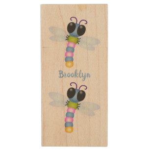 Cute blue and pink dragonfly cartoon illustration wood flash drive