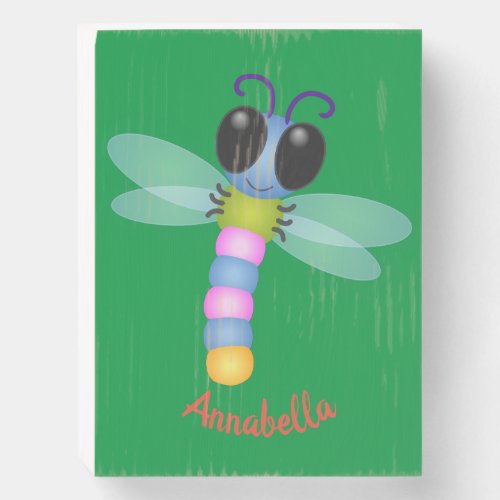Cute blue and pink dragonfly cartoon illustration wooden box sign