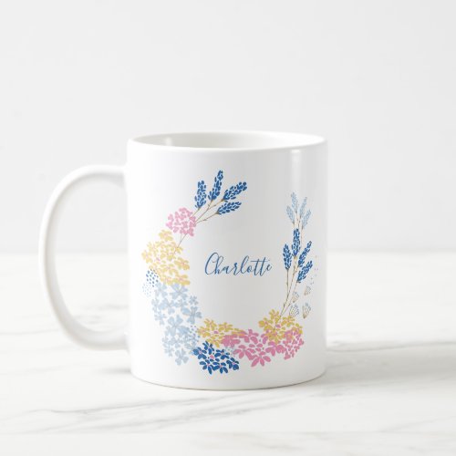 Cute Blue and Pink Flower Wreath Personalized Coffee Mug