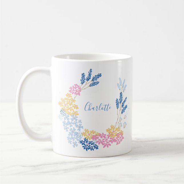 Cute Blue and Pink Flower Wreath Personalized Coffee Mug (Left)