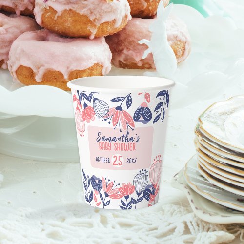 Cute Blue And Pink Flowers Botanical Baby Shower Paper Cups