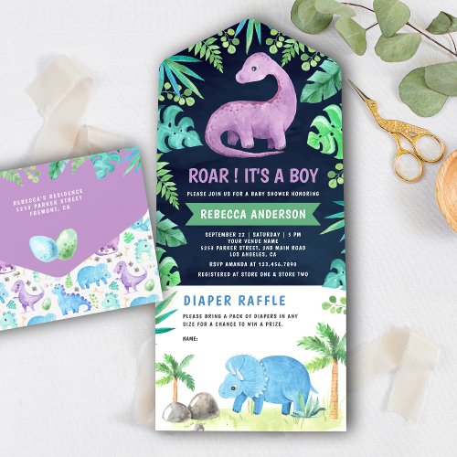 Cute Blue and Purple Dinosaur Navy Baby Shower All In One Invitation