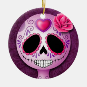 Cute Blue and Purple Sugar Skull Ceramic Ornament
