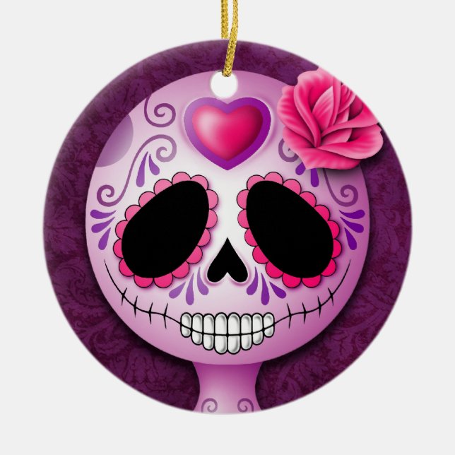 Cute Blue and Purple Sugar Skull Ceramic Ornament (Front)