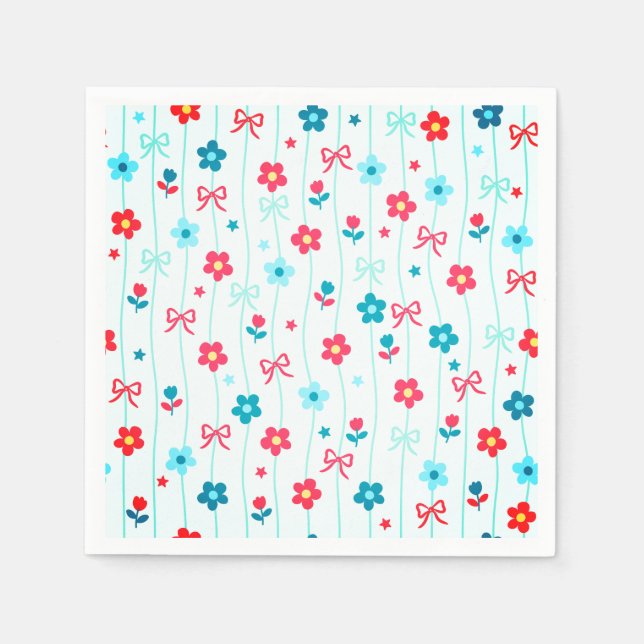 Cute Blue and Red Floral Bow Pattern Patriotic  Napkins (Front)