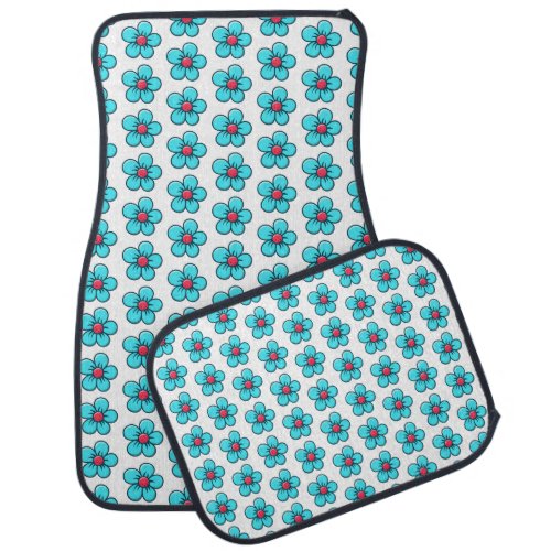 Cute Blue And Red Flowers Doodle Style Car Floor Mat