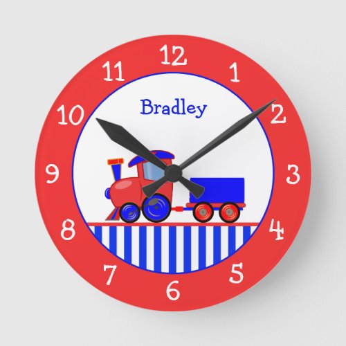 Cute Blue and Red Train Childs Personalized Round Round Clock