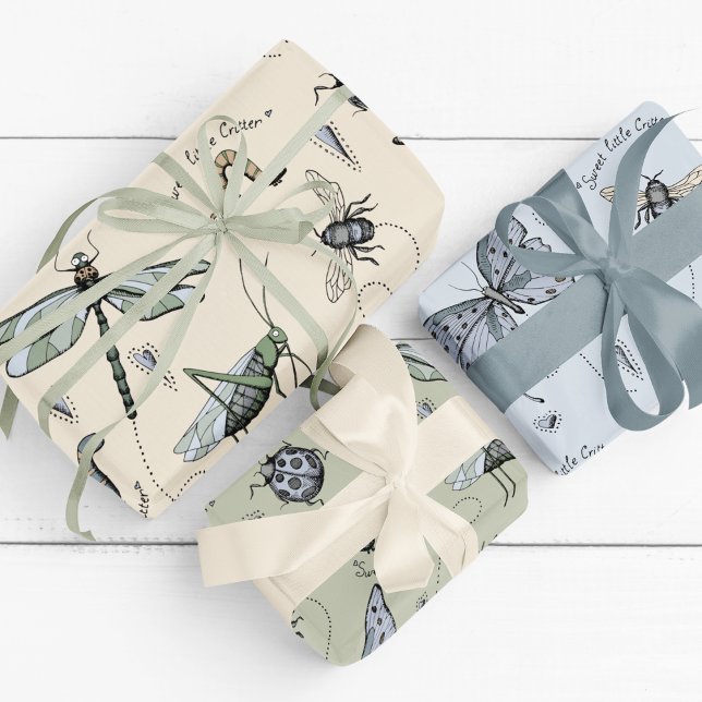 Cute Blue and Sage Insect Wrapping Paper Sheets (Adorable Light Blue and Sage Hand-Drawn "Sweet Little Critter" Insects Gift  Wrap for Baby Boy.)