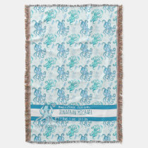 Cute Blue and Teal Octopus Baby's Name Sea Life Throw Blanket