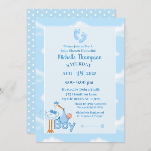 Cute Blue and White Baby Boy Stork Shower   Invitation