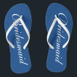 Cute blue and white bridesmaid wedding flip flops<br><div class="desc">Cute navy blue and white wedding flip flops for bridesmaids. Custom background and strap color personalizable with name or monogram initials optional. Modern his and hers wedge sandals with stylish script calligraphy typography. Elegant party favor for nautical and beach themed wedding, marriage, bridal shower, engagement, anniversary, bbq, bachelorette, bachelor, girls...</div>