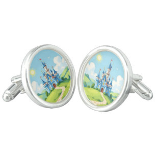 Cute blue and white castle cufflinks