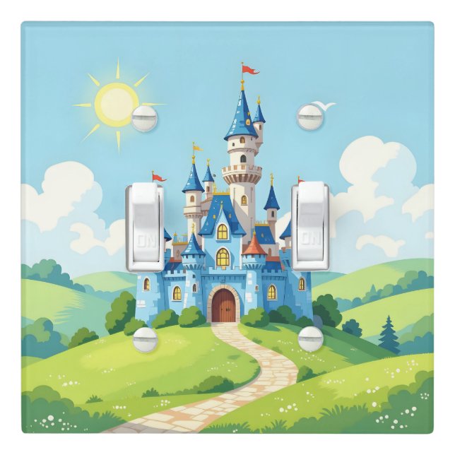 Cute blue and white castle light switch cover (In Situ)