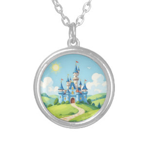 Cute blue and white castle silver plated necklace