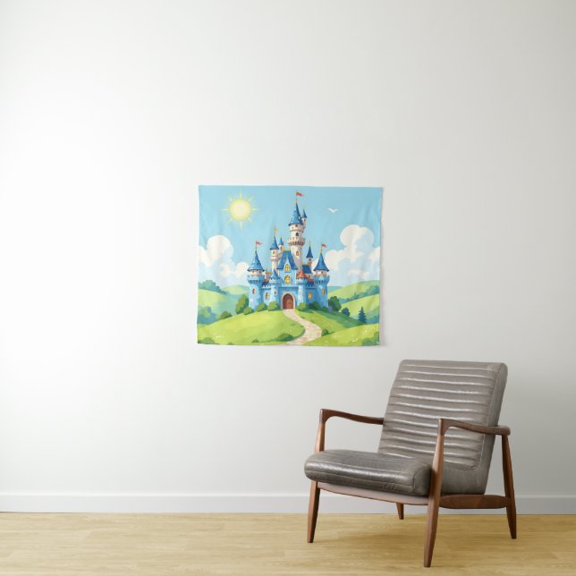 Cute blue and white castle tapestry (In Situ (Horizontal))