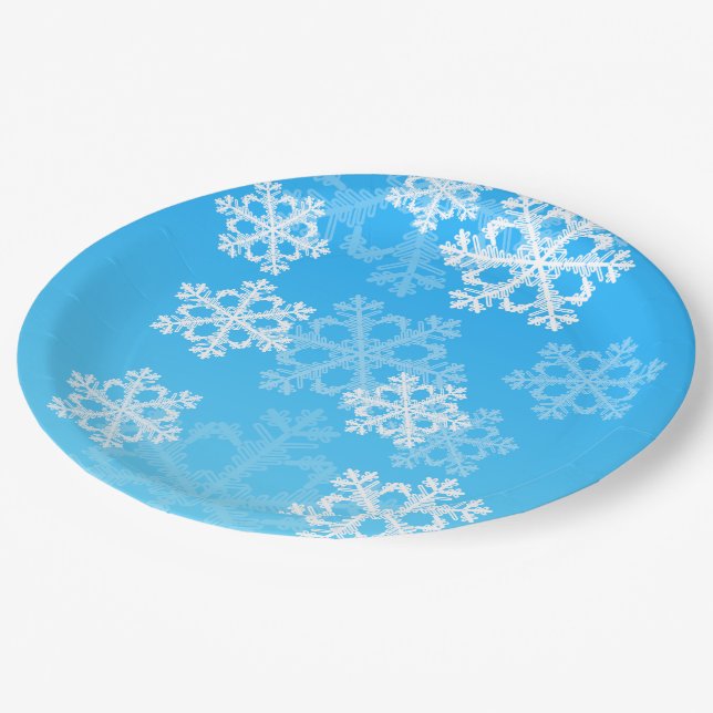 Cute blue and white Christmas snowflakes Paper Plates (Angled)