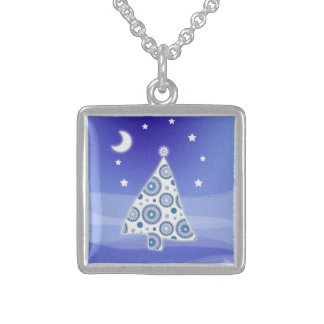 Cute Blue and White Christmas Tree Sterling Silver Necklace