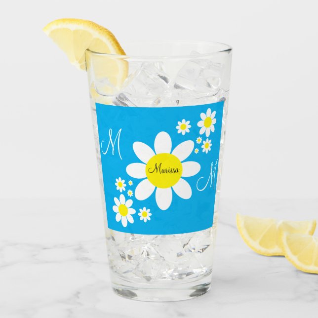 Cute Blue and White Daisies Floral Custom Name Glass (Front Ice)