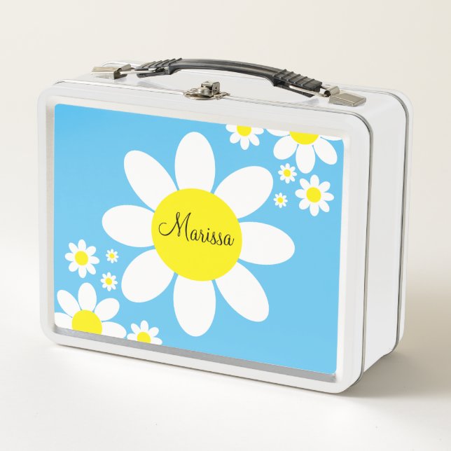 Cute Blue and White Daisies Floral Custom Name Metal Lunch Box (Front)