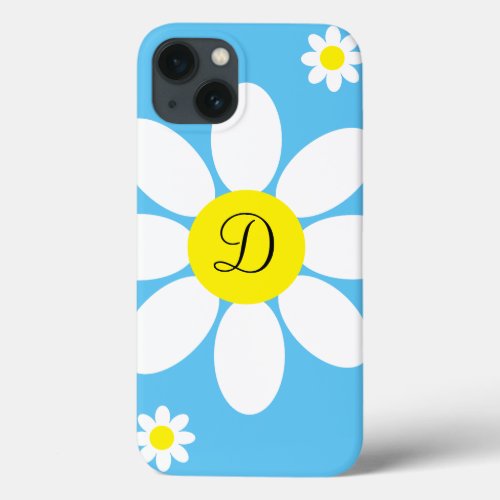 Cute Blue and White Daisies Floral Single Initial iPhone 13 Case