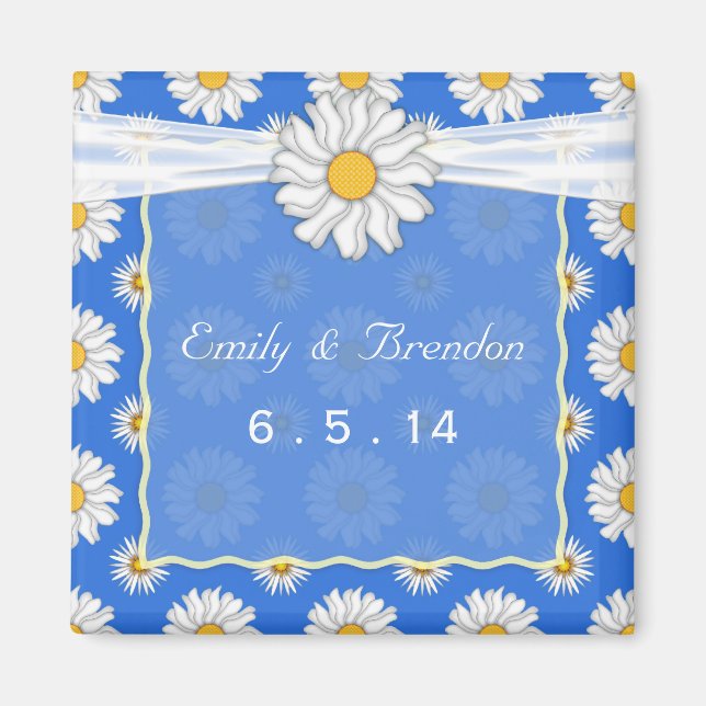 Cute Blue and White Floral Daisy Wedding Magnet (Front)