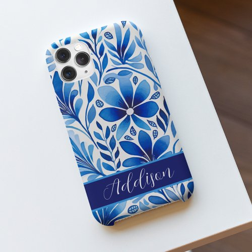 Cute Blue and White Folk Floral Pattern iPhone 15 Pro Max Case