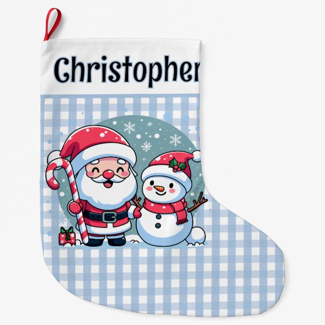 Cute Blue And White Gingham Santa And Snowman  Large Christmas Stocking (Front)