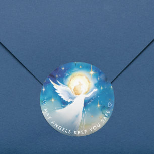 Cute Blue And White Guardian Angel Watercolor Classic Round Sticker