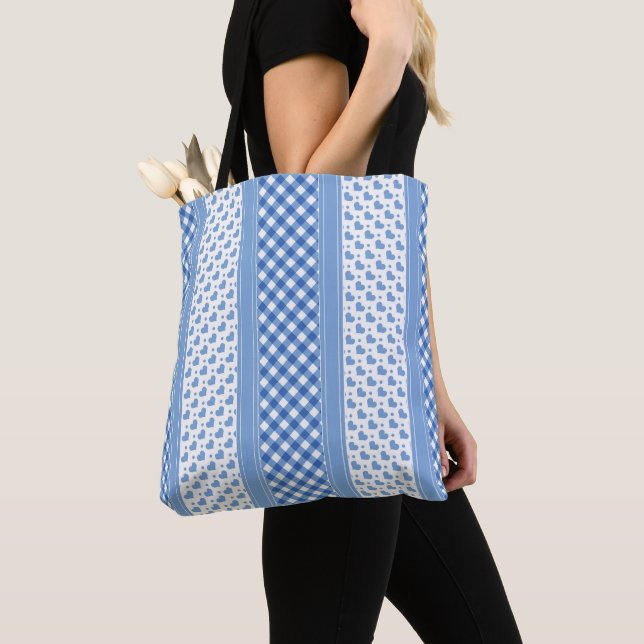 Cute blue and white modern trendy hearts  tote bag (Close Up)