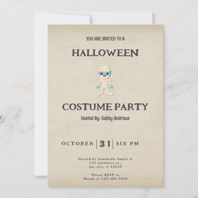Cute Blue and White Mummy Vintage Halloween Invitation (Front)