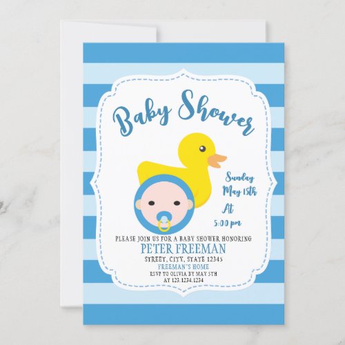 Cute Blue and White Rubber Duck Boy Baby Shower Invitation