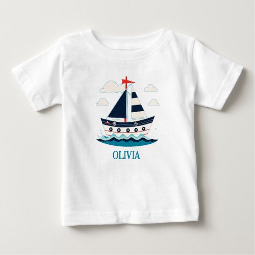 Cute Blue and White Sailboat Personalized Baby T_Shirt