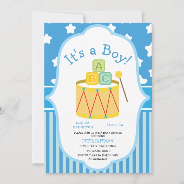 Cute Blue and White Toys Boy Baby Shower Invitation (Front)