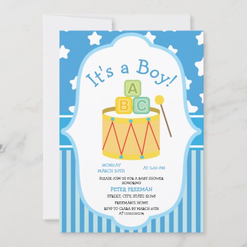 Cute Blue and White Toys Boy Baby Shower Invitation