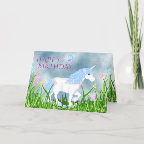 Cute Blue and White Unicorn with Flowers Birthday Card