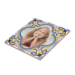 Cute blue and yellow Azulejos, custom photo Ceramic Tile