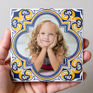 Cute blue and yellow Azulejos, custom photo Ceramic Tile