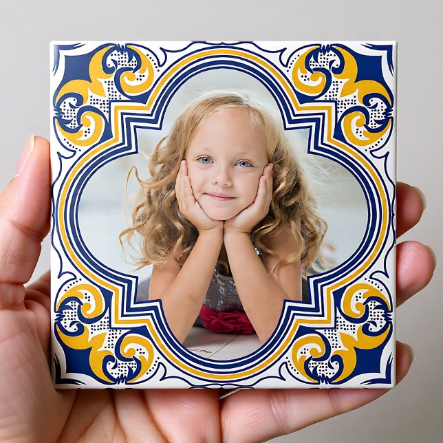 Cute blue and yellow Azulejos, custom photo Ceramic Tile (Cute blue and yellow Azulejos, custom photo Ceramic Tile)