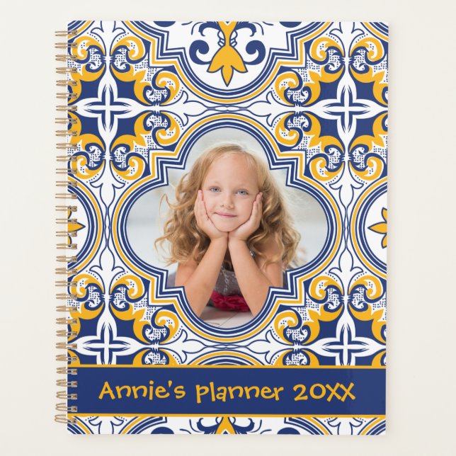 Cute blue and yellow Azulejos, custom photo  Planner (Front)