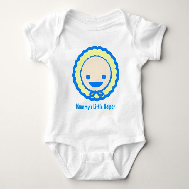 Cute blue and yellow baby in a bonnet tee shirt (Front)