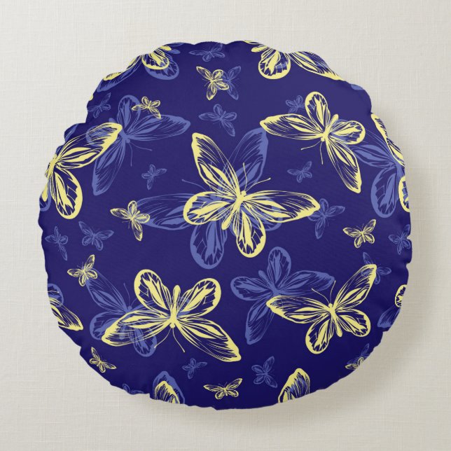 Cute Blue and Yellow Butterfly Illustrated Pattern Round Pillow (Front)