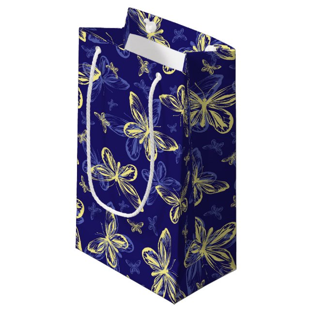 Cute Blue and Yellow Butterfly Illustrated Pattern Small Gift Bag (Front Angled)