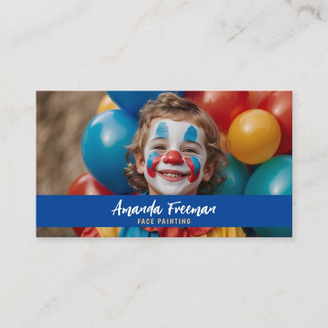Cute Blue and Yellow Clown Face Painting Business Card (Front)
