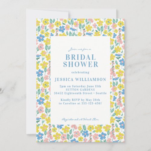 Cute Blue and Yellow Ditsy Floral Bridal Shower Invitation