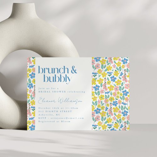 Cute Blue and Yellow Ditsy Floral Brunch Bubbly Invitation
